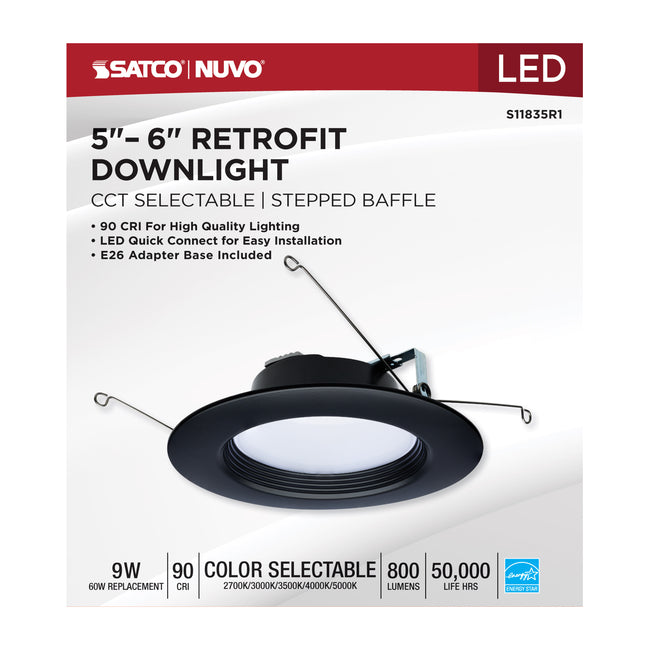 Satco LED Downlight Retrofit, 120V, 2700K/3000K/3500K/4000K/5000K, 5-6 Inch / Black / 9 Watt, alternate view [Satco-S11835R1|CUSTOM|1]