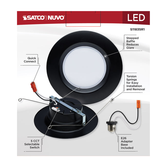 Satco LED Downlight Retrofit, 120V, 2700K/3000K/3500K/4000K/5000K, 5-6 Inch / Black / 9 Watt, alternate view [Satco-S11835R1|CUSTOM|2]