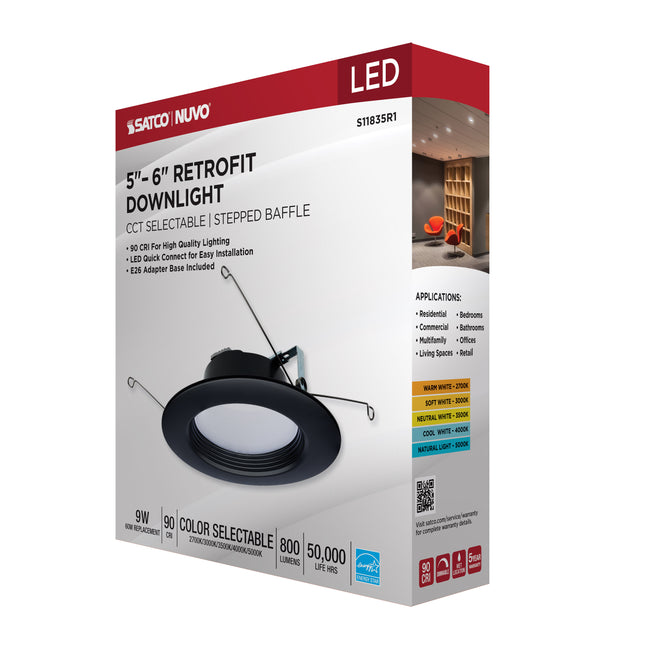 Satco LED Downlight Retrofit, 120V, 2700K/3000K/3500K/4000K/5000K, 5-6 Inch / Black / 9 Watt, alternate view [Satco-S11835R1|CUSTOM|5]