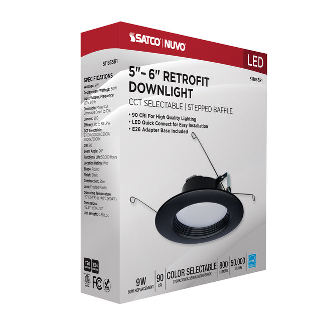 Satco LED Downlight Retrofit, 120V, 2700K/3000K/3500K/4000K/5000K, 5-6 Inch / Black / 9 Watt, alternate view [Satco-S11835R1|CUSTOM|6]