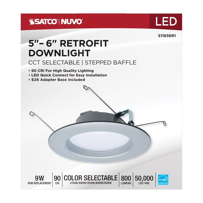 Satco LED Downlight Retrofit, 120V, 2700K/3000K/3500K/4000K/5000K, 5-6 Inch / Brushed Nickel / 9 Watt, alternate view [Satco-S11836R1|CUSTOM|1]