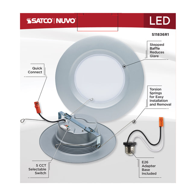 Satco LED Downlight Retrofit, 120V, 2700K/3000K/3500K/4000K/5000K, 5-6 Inch / Brushed Nickel / 9 Watt, alternate view [Satco-S11836R1|CUSTOM|2]