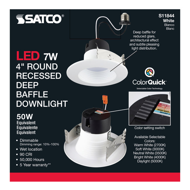 Satco Deep Baffle, CCT-Selectable Recessed LED Downlight, 4 Inch / 7 Watt, alternate view [Satco-S11844|CUSTOM|3]