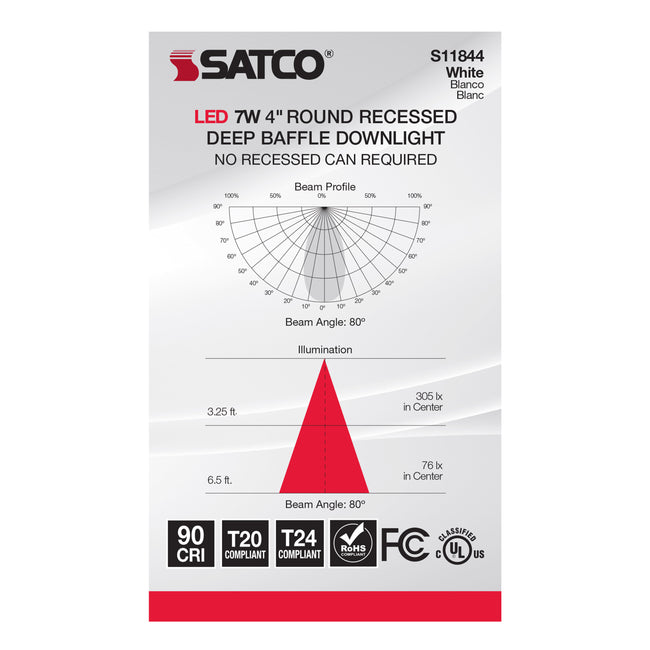Satco Deep Baffle, CCT-Selectable Recessed LED Downlight, 4 Inch / 7 Watt, alternate view [Satco-S11844|CUSTOM|4]