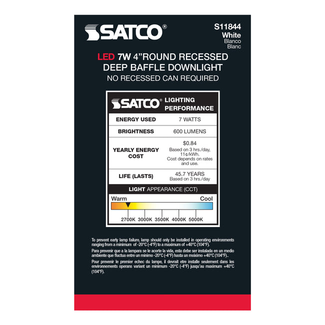 Satco Deep Baffle, CCT-Selectable Recessed LED Downlight, 4 Inch / 7 Watt, alternate view [Satco-S11844|CUSTOM|5]