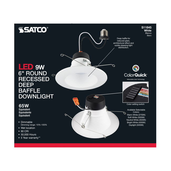 Satco Deep Baffle, CCT-Selectable Recessed LED Downlight, 6 Inch / 9 Watt, alternate view [Satco-S11845|CUSTOM|3]