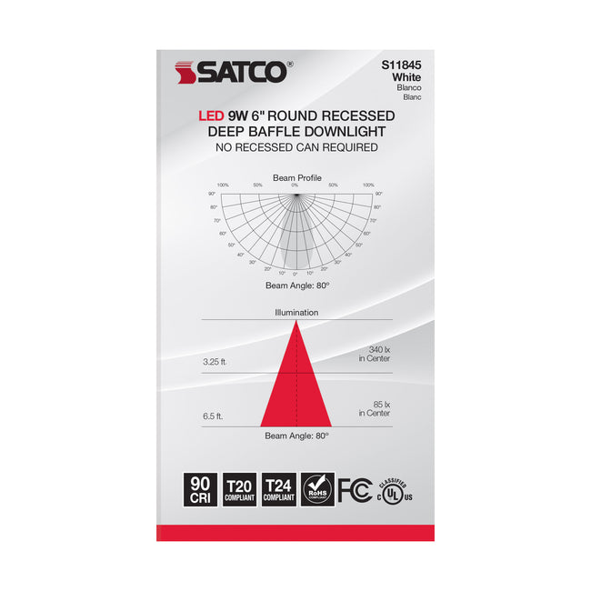 Satco Deep Baffle, CCT-Selectable Recessed LED Downlight, 6 Inch / 9 Watt, alternate view [Satco-S11845|CUSTOM|4]