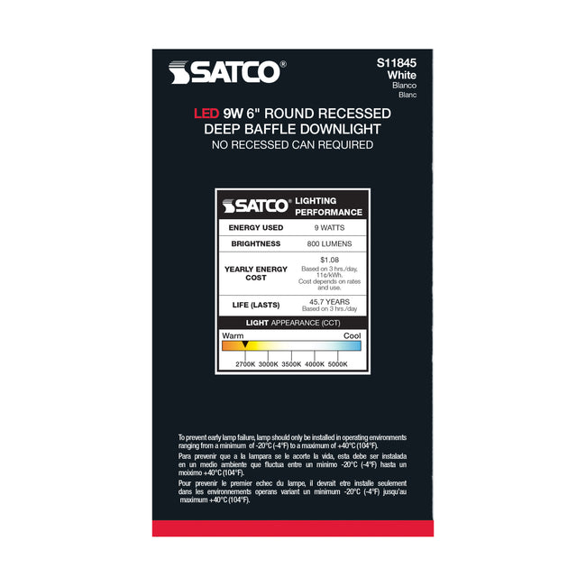 Satco Deep Baffle, CCT-Selectable Recessed LED Downlight, 6 Inch / 9 Watt, alternate view [Satco-S11845|CUSTOM|5]