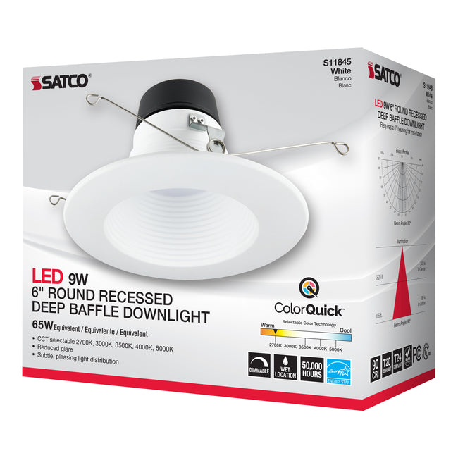 Satco Deep Baffle, CCT-Selectable Recessed LED Downlight, 6 Inch / 9 Watt, alternate view [Satco-S11845|CUSTOM|6]