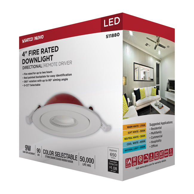 Satco LED, Fire Rated, Direct Wire Directional Downlight, Round, Dimmable, 120V, 4 Inch / 9 Watt, alternate view [Satco-S11880|CUSTOM|5]