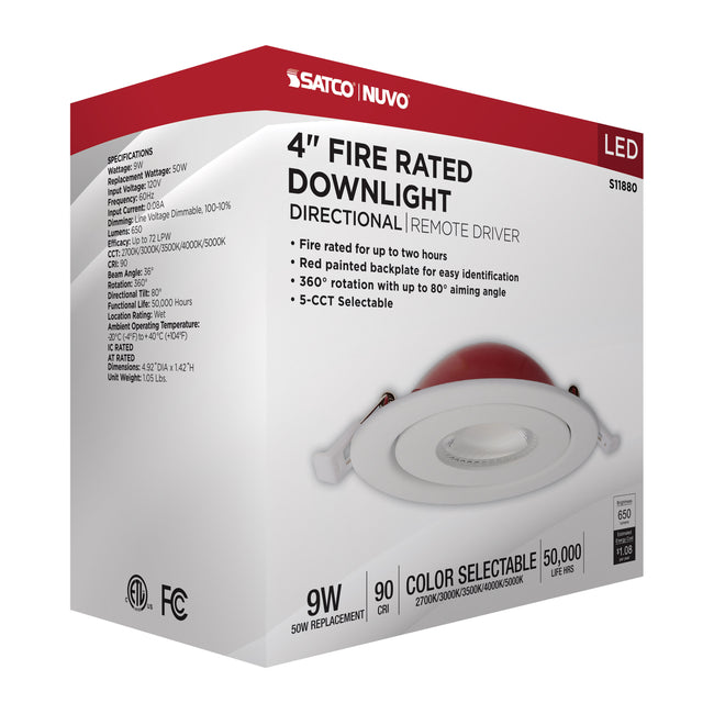 Satco LED, Fire Rated, Direct Wire Directional Downlight, Round, Dimmable, 120V, 4 Inch / 9 Watt, alternate view [Satco-S11880|CUSTOM|6]