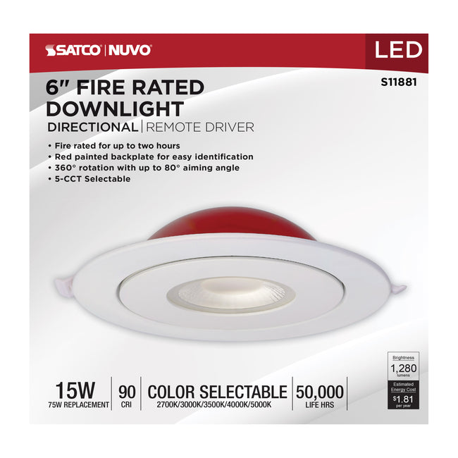 Satco LED, Fire Rated, Direct Wire Directional Downlight, Round, Dimmable, 120V, 6 Inch / 15 Watt, alternate view [Satco-S11881|CUSTOM|3]