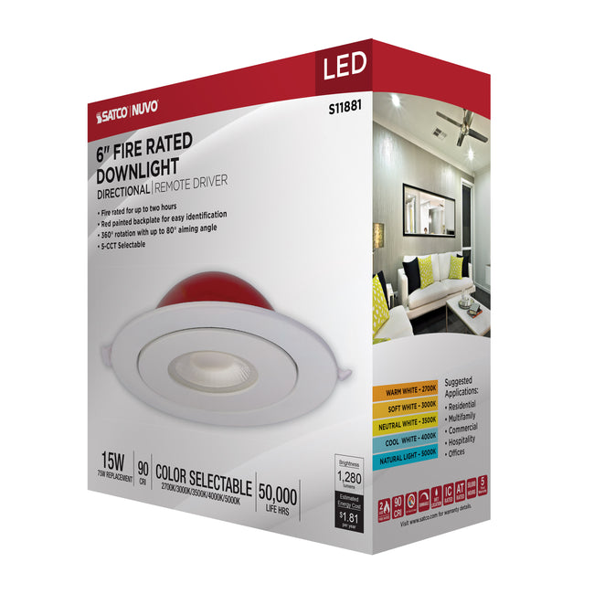 Satco LED, Fire Rated, Direct Wire Directional Downlight, Round, Dimmable, 120V, 6 Inch / 15 Watt, alternate view [Satco-S11881|CUSTOM|7]