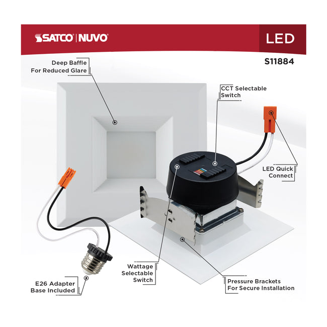 Satco Field Selectable LED Downlight Retrofit, Deep Baffle, Square, 120V, 4 Inch / 5.8/7/9.5 Watt, 27K/30K/35K/40K/50K CCT, alternate view [Satco-S11884|CUSTOM|5]