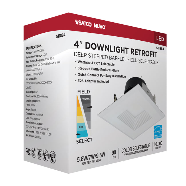Satco Field Selectable LED Downlight Retrofit, Deep Baffle, Square, 120V, 4 Inch / 5.8/7/9.5 Watt, 27K/30K/35K/40K/50K CCT, alternate view [Satco-S11884|CUSTOM|9]