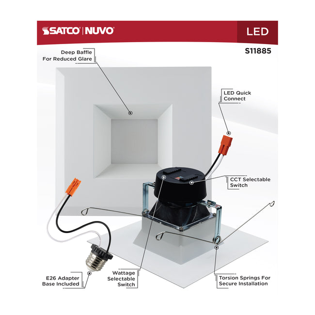 Satco Field Selectable LED Downlight Retrofit, Deep Baffle, Square, 120V, 5-6 Inch / 8/10.5/13.5 Watt, 27K/30K/35K/40K/50K CCT, alternate view [Satco-S11885|CUSTOM|4]