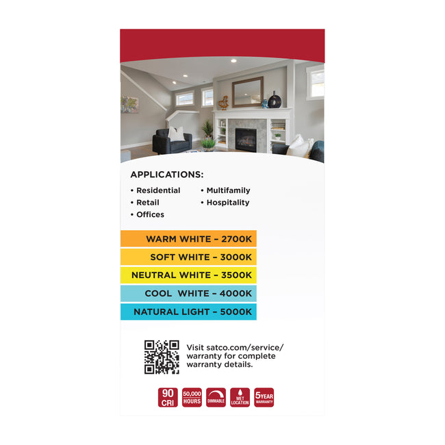 Satco Field Selectable LED Downlight Retrofit, Deep Baffle, Square, 120V, 5-6 Inch / 8/10.5/13.5 Watt, 27K/30K/35K/40K/50K CCT, alternate view [Satco-S11885|CUSTOM|5]