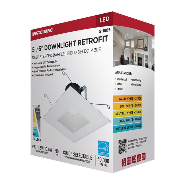Satco Field Selectable LED Downlight Retrofit, Deep Baffle, Square, 120V, 5-6 Inch / 8/10.5/13.5 Watt, 27K/30K/35K/40K/50K CCT, alternate view [Satco-S11885|CUSTOM|7]