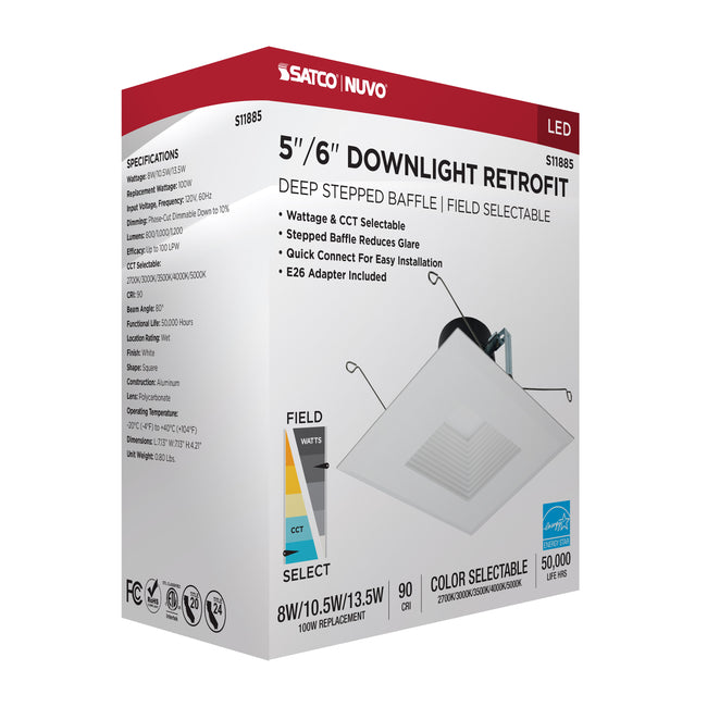 Satco Field Selectable LED Downlight Retrofit, Deep Baffle, Square, 120V, 5-6 Inch / 8/10.5/13.5 Watt, 27K/30K/35K/40K/50K CCT, alternate view [Satco-S11885|CUSTOM|8]