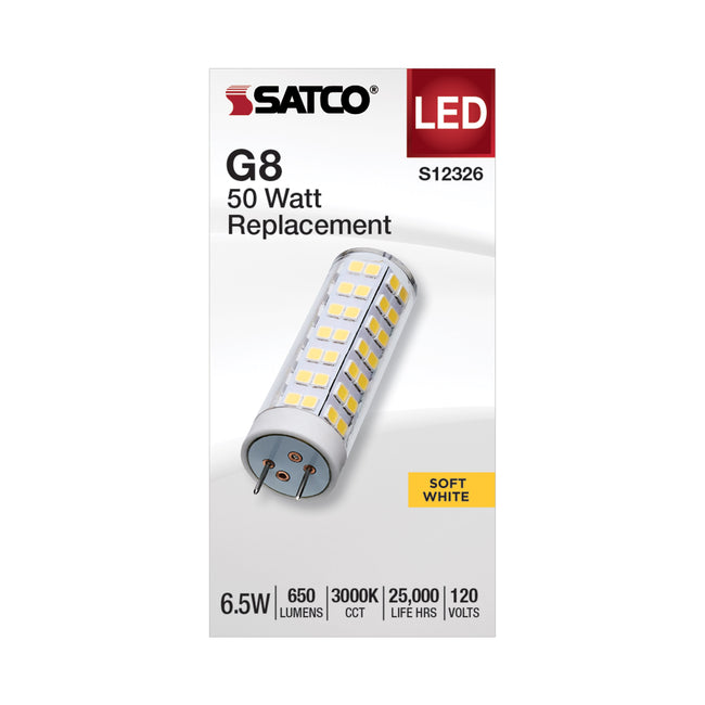 Satco 6.5W (50W Equivalent) T6 Tubular LED Bulb, G8 Base, 3000K, 80+ CRI, Dimmable, Damp Rated, Clear, alternate view [Satco-S12326|CUSTOM|1]