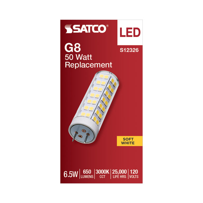 Satco 6.5W (50W Equivalent) T6 Tubular LED Bulb, G8 Base, 3000K, 80+ CRI, Dimmable, Damp Rated, Clear, alternate view [Satco-S12326|CUSTOM|2]