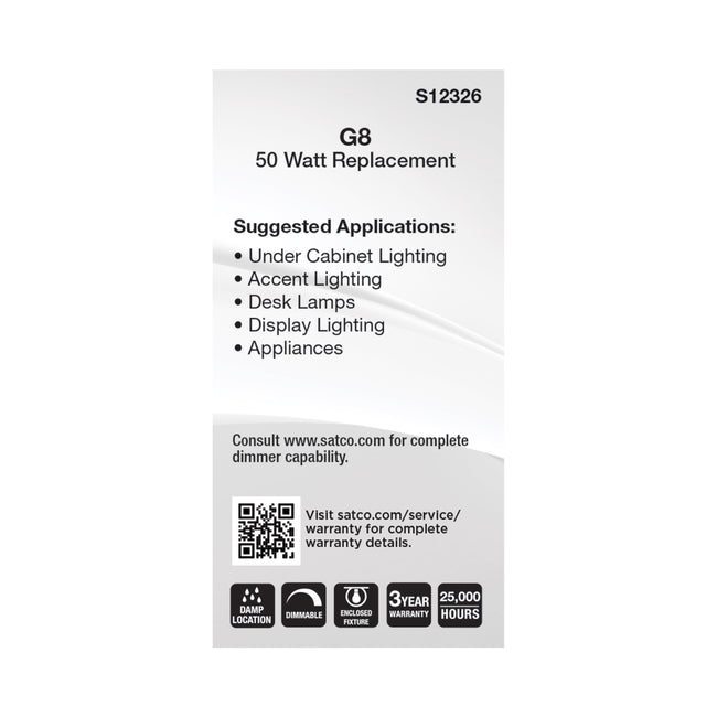 Satco 6.5W (50W Equivalent) T6 Tubular LED Bulb, G8 Base, 3000K, 80+ CRI, Dimmable, Damp Rated, Clear, alternate view [Satco-S12326|CUSTOM|3]