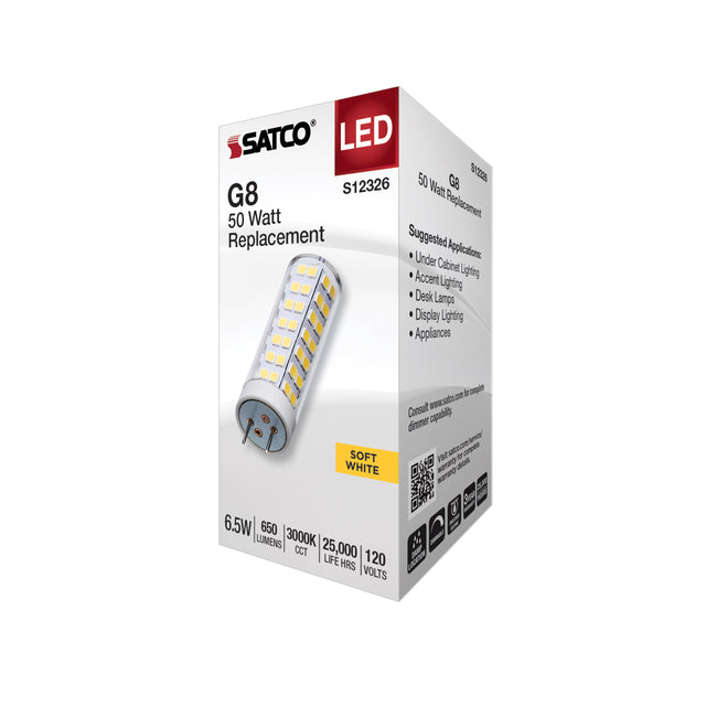 Satco 6.5W (50W Equivalent) T6 Tubular LED Bulb, G8 Base, 3000K, 80+ CRI, Dimmable, Damp Rated, Clear, alternate view [Satco-S12326|CUSTOM|6]