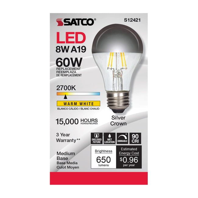 Satco 6W (60W Equivalent) A19 Silver Crown LED Filament Bulb, E26 Medium Base, 2700K, 90+ CRI, Dimmable, Wet Rated, alternate view [Satco-S12421|CUSTOM|1]