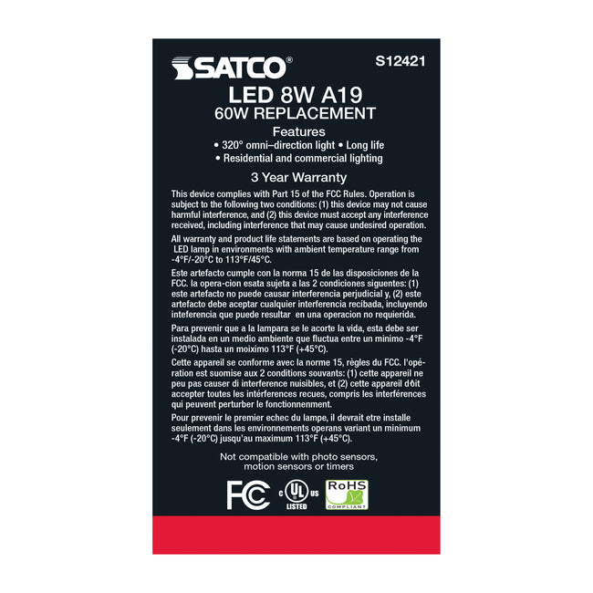 Satco 6W (60W Equivalent) A19 Silver Crown LED Filament Bulb, E26 Medium Base, 2700K, 90+ CRI, Dimmable, Wet Rated, alternate view [Satco-S12421|CUSTOM|4]