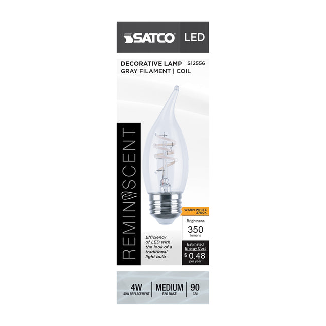 Satco 4W (40W Equivalent) CA11 Flame Tip LED Coil Filament Bulb, E26 Medium Base, 2700K, 93+ CRI, Dimmable, Wet Rated, Clear, alternate view [Satco-S12556|CUSTOM|1]