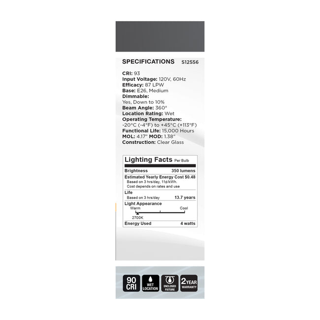 Satco 4W (40W Equivalent) CA11 Flame Tip LED Coil Filament Bulb, E26 Medium Base, 2700K, 93+ CRI, Dimmable, Wet Rated, Clear, alternate view [Satco-S12556|CUSTOM|3]