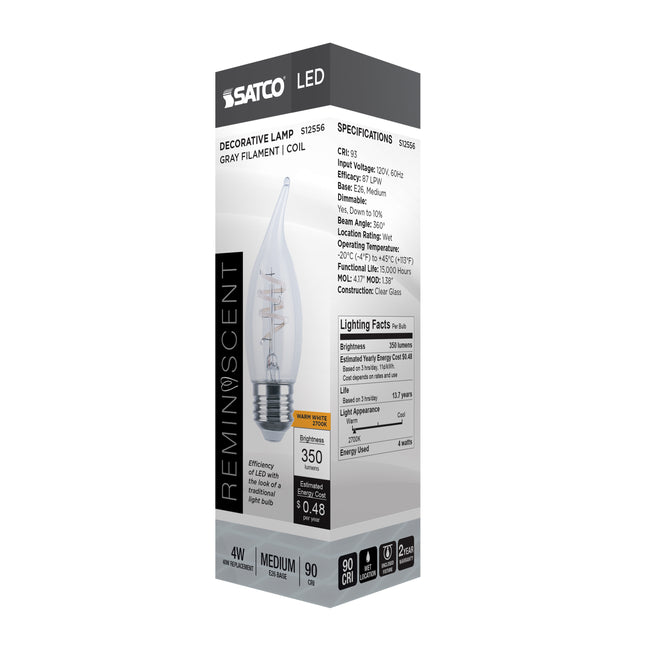 Satco 4W (40W Equivalent) CA11 Flame Tip LED Coil Filament Bulb, E26 Medium Base, 2700K, 93+ CRI, Dimmable, Wet Rated, Clear, alternate view [Satco-S12556|CUSTOM|5]