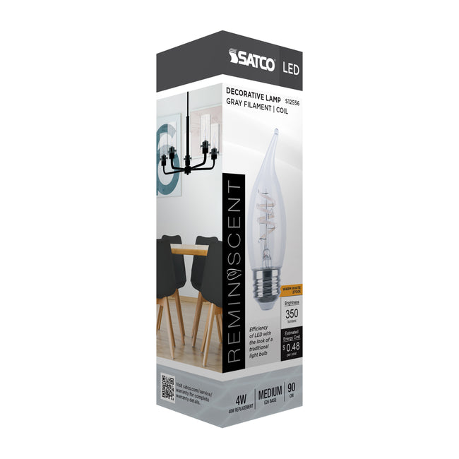 Satco 4W (40W Equivalent) CA11 Flame Tip LED Coil Filament Bulb, E26 Medium Base, 2700K, 93+ CRI, Dimmable, Wet Rated, Clear, alternate view [Satco-S12556|CUSTOM|6]