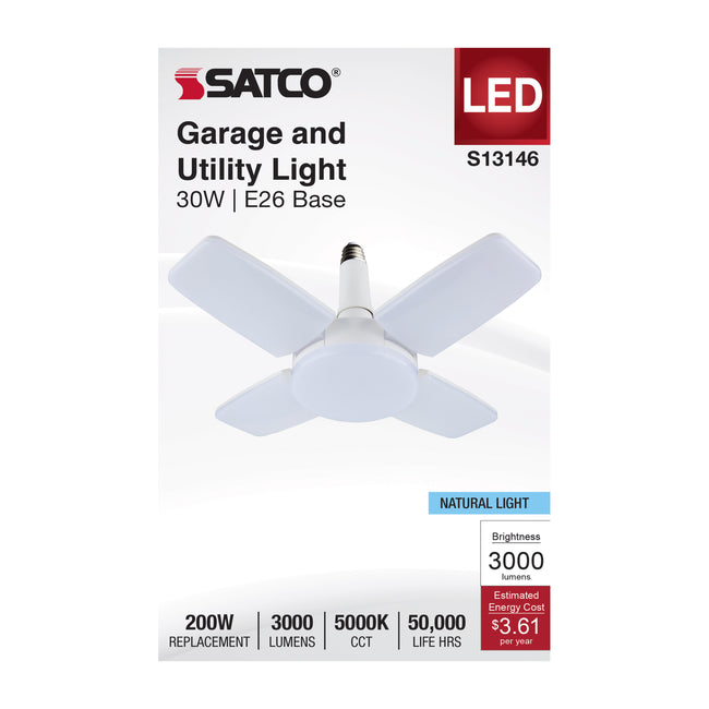 Satco 30W (200W Equivalent) Multi-Beam LED Bulb, E26 Medium Base, 5000K, 80+ CRI, Damp Rated, White with Frost Glass, alternate view [Satco-S13146|CUSTOM|1]