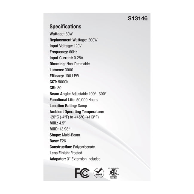 Satco 30W (200W Equivalent) Multi-Beam LED Bulb, E26 Medium Base, 5000K, 80+ CRI, Damp Rated, White with Frost Glass, alternate view [Satco-S13146|CUSTOM|3]