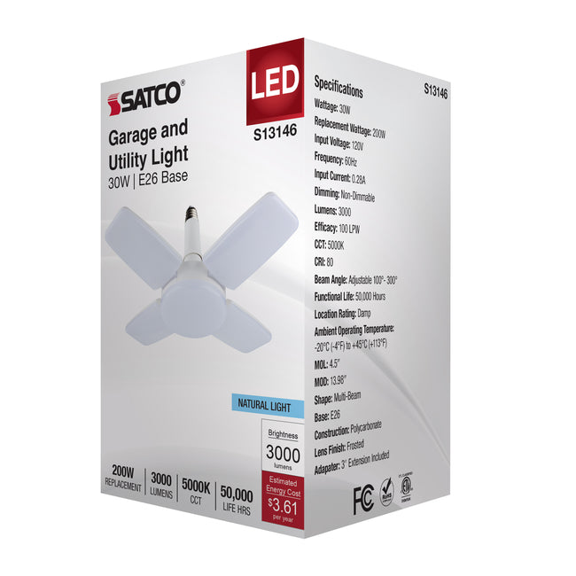 Satco 30W (200W Equivalent) Multi-Beam LED Bulb, E26 Medium Base, 5000K, 80+ CRI, Damp Rated, White with Frost Glass, alternate view [Satco-S13146|CUSTOM|5]
