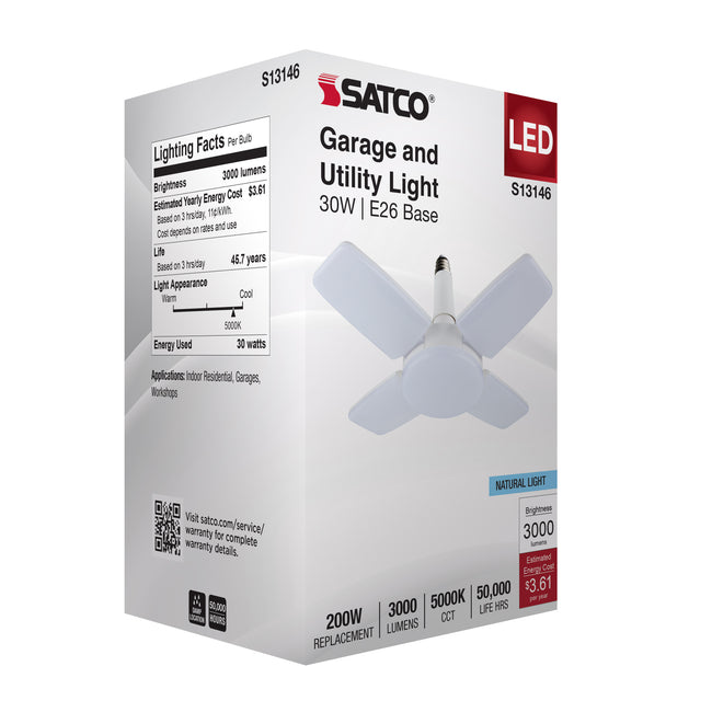Satco 30W (200W Equivalent) Multi-Beam LED Bulb, E26 Medium Base, 5000K, 80+ CRI, Damp Rated, White with Frost Glass, alternate view [Satco-S13146|CUSTOM|6]