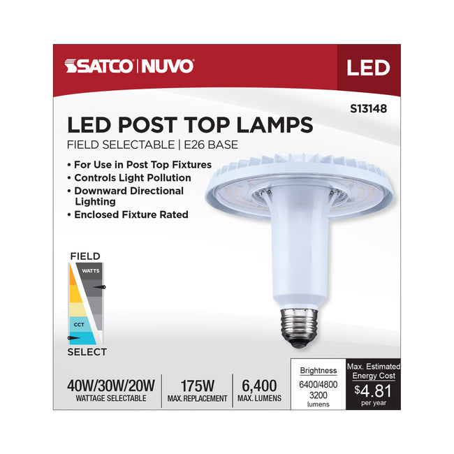 Satco 40/30/20W Corncob LED Bulb, E26 Medium Base, Selectable 3000K-5000K, 80+ CRI, IP65, Dimmable, Wet Rated, Clear with Translucent Glass, alternate view [Satco-S13148|CUSTOM|1]