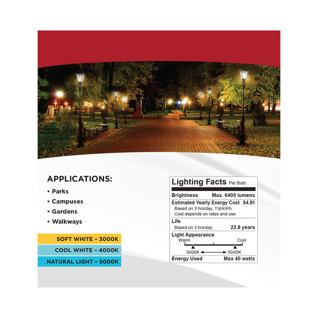 Satco 40/30/20W Corncob LED Bulb, E26 Medium Base, Selectable 3000K-5000K, 80+ CRI, IP65, Dimmable, Wet Rated, Clear with Translucent Glass, alternate view [Satco-S13148|CUSTOM|4]