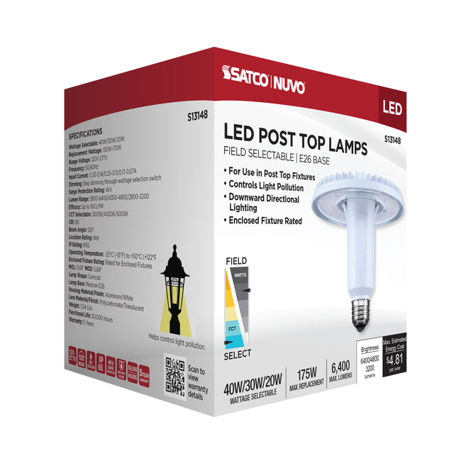 Satco 40/30/20W Corncob LED Bulb, E26 Medium Base, Selectable 3000K-5000K, 80+ CRI, IP65, Dimmable, Wet Rated, Clear with Translucent Glass, alternate view [Satco-S13148|CUSTOM|5]