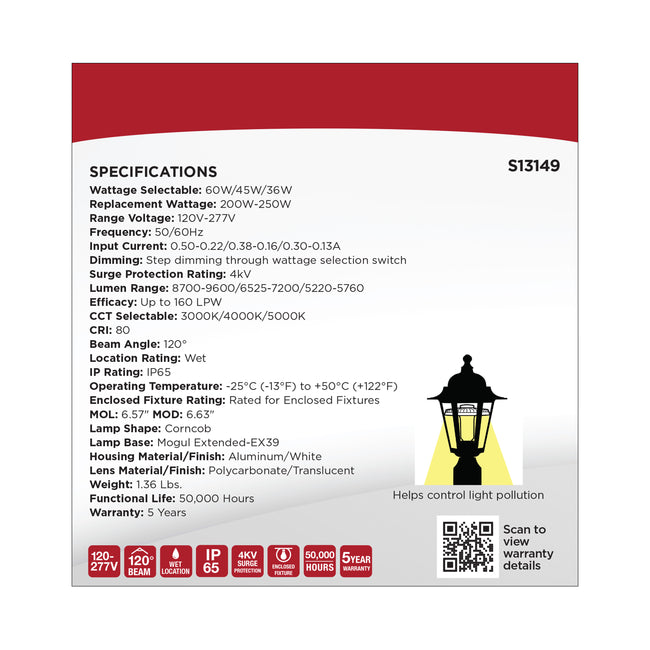 Satco 60/45/36W Corncob LED Bulb, EX39 Base, Selectable 3000K-5000K, 80+ CRI, IP65, Dimmable, Wet Rated, Clear with Translucent Glass, alternate view [Satco-S13149|CUSTOM|3]