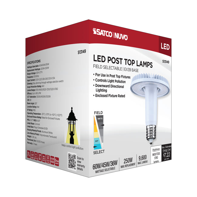 Satco 60/45/36W Corncob LED Bulb, EX39 Base, Selectable 3000K-5000K, 80+ CRI, IP65, Dimmable, Wet Rated, Clear with Translucent Glass, alternate view [Satco-S13149|CUSTOM|6]