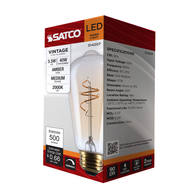 Satco 5.5W (40W Equivalent) ST19 Edison LED Filament Bulb, E26 Medium Base, 2000K, 90+ CRI, Dimmable, Wet Rated, Clear Amber, alternate view [Satco-S14207|CUSTOM|1]