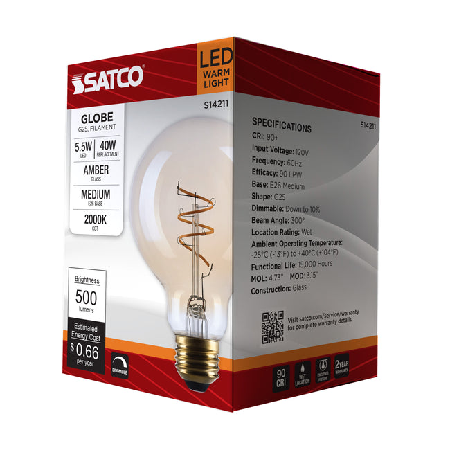 Satco 5.5W (40W Equivalent) G25 Globe LED Filament Bulb, E26 Medium Base, 2000K, 90+ CRI, Dimmable, Wet Rated, alternate view [Satco-S14211|CUSTOM|1]