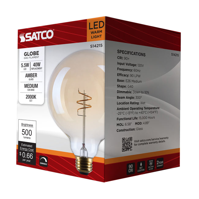 Satco 5.5W (40W Equivalent) G40 Globe LED Filament Bulb, E26 Medium Base, 2000K, 90+ CRI, Dimmable, Wet Rated, Clear Amber, alternate view [Satco-S14215|CUSTOM|1]