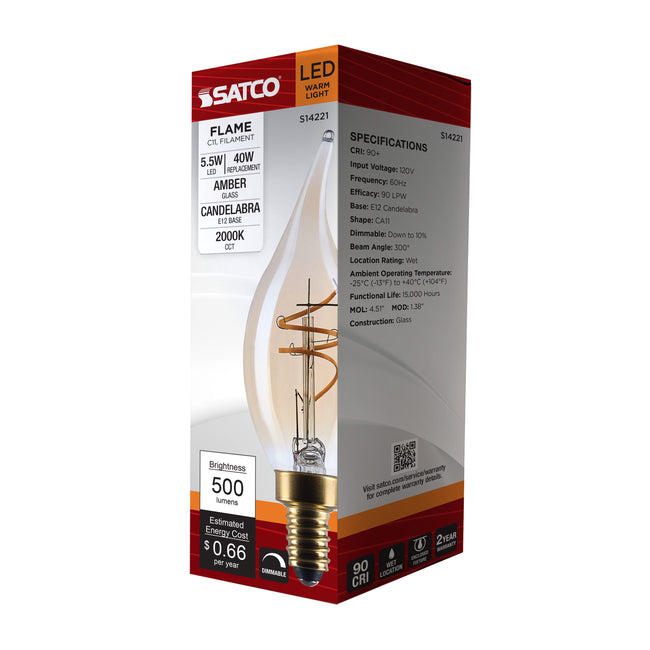 Satco 5.5W (40W Equivalent) CA11 Flame Tip LED Filament Bulb, E12 Candelabra Base, 2000K, 90+ CRI, Dimmable, Wet Rated, alternate view [Satco-S14221|CUSTOM|1]