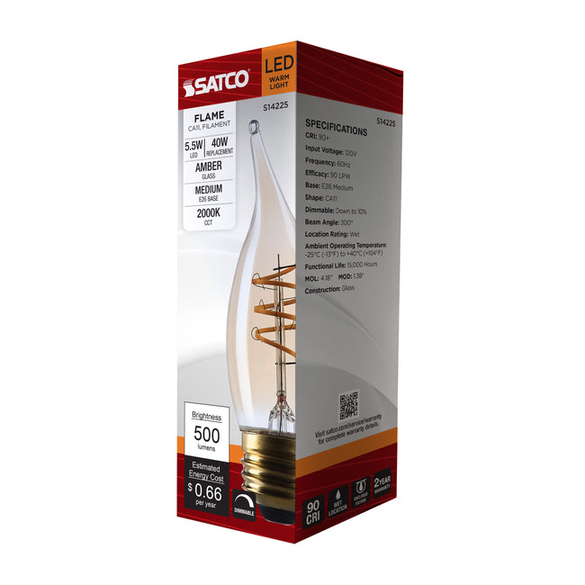 Satco 5.5W (40W Equivalent) CA11 Flame Tip LED Filament Bulb, E26 Medium Base, 2000K, 90+ CRI, Dimmable, Wet Rated, Clear Amber, alternate view [Satco-S14225|CUSTOM|1]