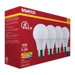 Satco 6.5W (40W Equivalent) A19 Standard LED Bulb, E26 Medium Base, 3000K, 90+ CRI, Damp Rated, 4-Pack (Color Box), alternate view [Satco-S14347|CUSTOM|1]