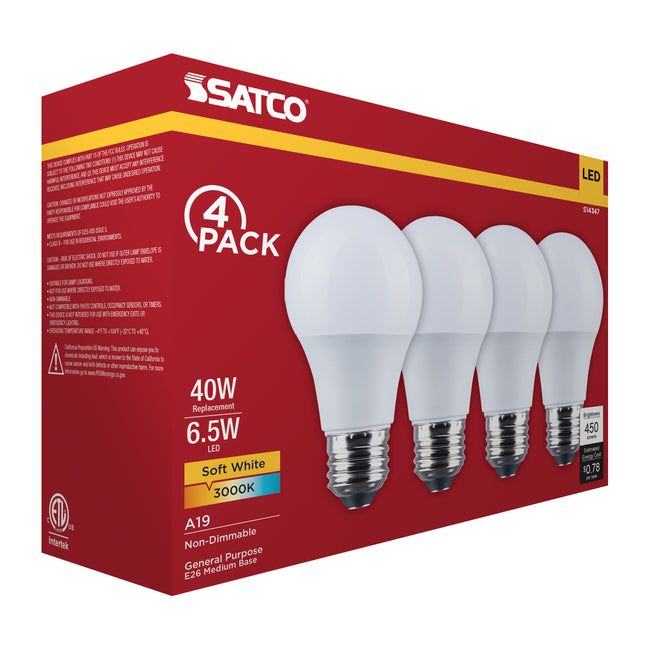 Satco 6.5W (40W Equivalent) A19 Standard LED Bulb, E26 Medium Base, 3000K, 90+ CRI, Damp Rated, 4-Pack (Color Box), alternate view [Satco-S14347|CUSTOM|1]