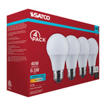 Satco 6.5W (40W Equivalent) A19 Standard LED Bulb, E26 Medium Base, 5000K, 90+ CRI, Damp Rated, 4-Pack (Color Box), alternate view [Satco-S14351|CUSTOM|1]